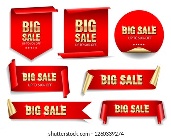 Big sale banners set. Ribbons and round sticker. Paper scrolls. Vector illustration.