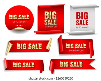 Big sale banners set. Ribbons and round sticker. Paper scrolls. Vector illustration.