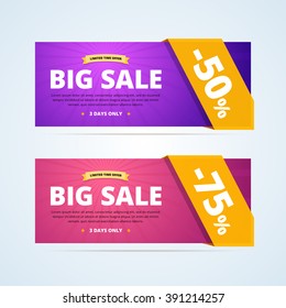 Big sale banners with transparent ribbon. Limited time offer advertising. Vector illustration in flat style for print and web design.