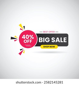 Big Sale Best Offer 40% Off Shop Now Banner Design. Sale banner template design, Big sale Best offer. end of season special offer banner. vector illustration.