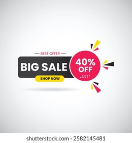 Big Sale Best Offer 40% Off Shop Now Banner Design. Sale banner template design, Big sale Best offer. end of season special offer banner. vector illustration.