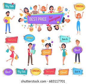 Big sale with best price for everyone promo banner. Happy characters hold full bags, boxes with presents or bright signboards vector illustrations.
