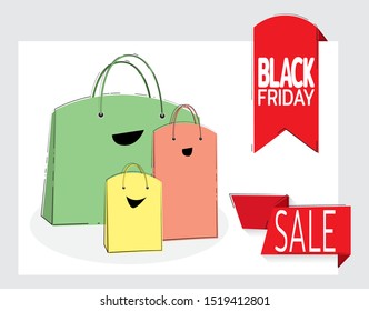 Big sale. Black Friday banner. Paper bags like a happy family. Purchase of goods at sales. Template for designers. Vector illustration