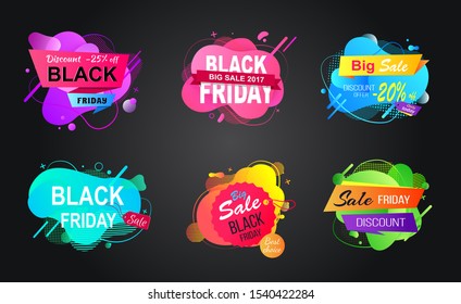 Big sale, black Friday, best choice only today bright and colorful label. Set liquid shape of discount offer, advertising symbol, store decoration vector