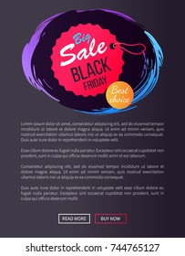 Big sale Black Friday round hanging tag, stamp best choice, promo sticker on thread vector illustration isolated on black advertisement label web poster