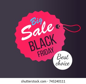 Big sale Black Friday round hanging tag, stamp best choice, promo sticker on thread vector illustration isolated on black background, advertisement label