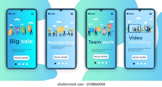 Gran venta, lluvia de ideas, trabajo en equipo, grabación de video.Un conjunto de interfaces de interfaz de usuario, interfaces UX para pantallas de smartphone.Características de diseño adaptativo.Ilustración vectorial plana.