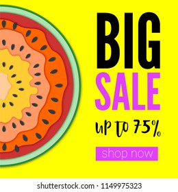 Big sale, bright banner with half past of watermelon on yellow backdrop. Get up to seventy five percent discount. Summer offer for shopping. Watermelon cut out from paper, multilayer illustration.