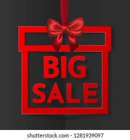 Big sale. Bright holiday gift box frame banner hanging with red ribbon and silky bow on dark background. Vector illustration.