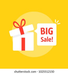 big sale bubble with open gift box. concept of prize or bonus for customer and promo giftbox for ecommerce. cartoon simple style trend modern logotype graphic design isolated on yellow background