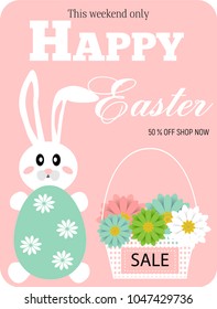 Big Sale card for Happy Easter with beautiful camomiles and  eggs on  background. Sale and discount banner, poster, invitation, flyer. Vector illustration
