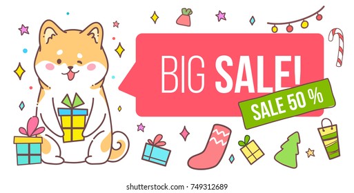 Big Sale card Happy New Year. Vector illustration of a Huskey  dog. A sweet animal, a smile and a laugh. You can use for invitations, prints of clothes, patterns and banners.
