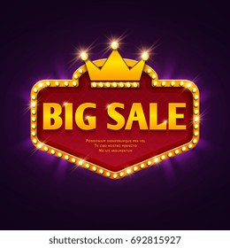Big sale casino discount banner with marquee lights frame vector illustration. Frame banner big sale, promotion offer with decoration casino