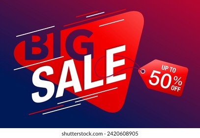 Big sale catchy banner, red and blue gradient. Limited offer with up to 50 percents off - creative vector flyer - special sales and offers promo template