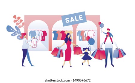 Big Sale in Children Clothes and Accessories Store. Pregnant Woman Choosing Baby Romper Suit. Young Traditional Family with Two Kids Doing Shopping, Girl with Balloons, Boy Riding on Dads Shoulders.