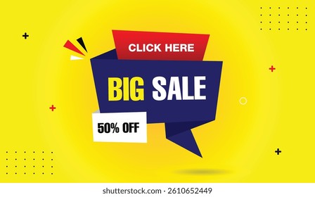 Big sale click here 50% off editable banner template design with red blue white gradient shapes and yellow orange background vector art illustration elements for promotional use