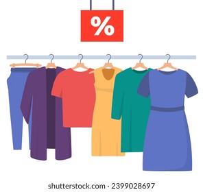 Big sale in clothing store. Clothes shop interior, various clothes on hangers and percentage sign on the red signboard. Vector illustration