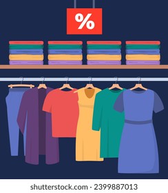 Big sale in clothing store. Clothes shop interior, various clothes on hangers and percentage sign on the red signboard. Vector illustration