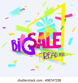 Big sale colorful abstract composition with frame flying confetti. Sale vector flat illustration