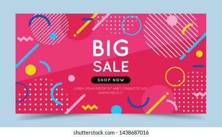 Big sale colorful banner with trendy abstract geometric elements and bright background. Vector illustration template in flat style