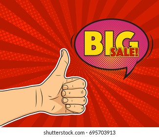Big sale comic background, vector illustration. Thumb up man arm with red burst background. Halftone speech bubble advertisement cartoon concept.