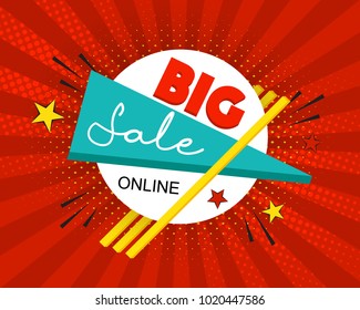 Big Sale comic pop art speech bubble on red burst background. Sale vector illustration, halftone cartoon style. Funny comics text, explosion, geometric graphic elements.