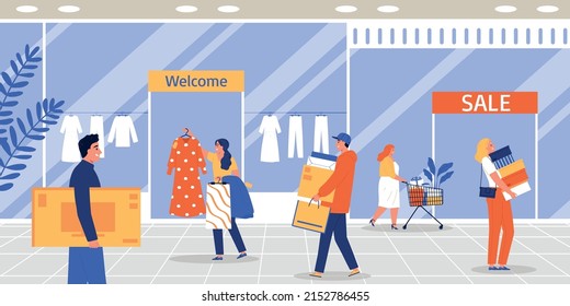 Big sale composition with people shopping in fashion store vector illustration