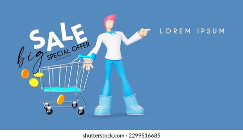 Big sale concept with 3D stylised man, grocery cart and flying coins. Special offer.
