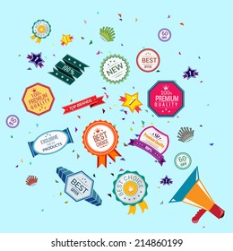 Big sale concept with advertising emblems and labels vector illustration