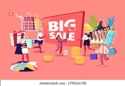 Big Sale Concept. Characters Shopping at Seasonal Discount. Cheerful Shopaholic People with Trolley Full of Purchases and Grocery. Happy Men and Women with Packages. Cartoon People Vector Illustration