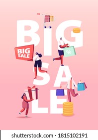 Big Sale Concept. Characters Shopping at Seasonal Discount. Cheerful Shopaholics with Trolley Full of Purchases and Grocery. Happy People with Packages Poster Banner Flyer. Cartoon Vector Illustration