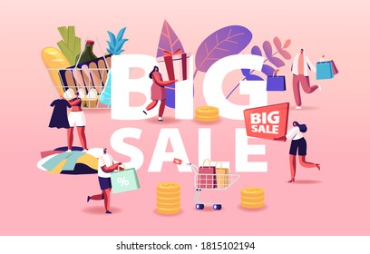 Big Sale Concept. Characters Shopping at Seasonal Discount. Cheerful Shopaholics with Trolley Full of Purchases and Grocery. Happy People with Packages Poster Banner Flyer. Cartoon Vector Illustration