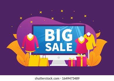 big sale concept with computer desktop screen and various fashion goods with vivid purple background