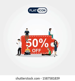 Big sale concept illustration. Flat guys and women sitting near the symbol
