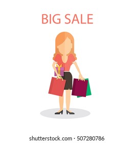 Big sale concept. Isolated woman with many colorful shopping bags standing on white background.