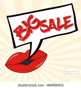 Big sale concept with lips, comics bubble and destroyed text on sunburst background