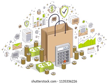 Big Sale concept, Retail, Sellout, Shopping Bag with cash money stacks isolated on white background. Vector 3d isometric business illustration with icons, stats charts and design elements.