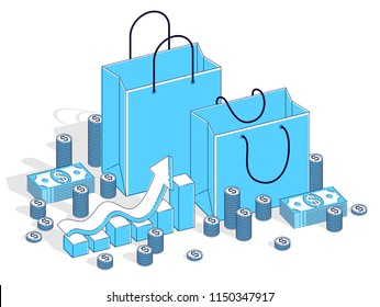 Big Sale concept, Retail, Sellout, Shopping Bag with cash money stacks and growth chart isolated on white background. Vector 3d isometric business and finance illustration, thin line design.