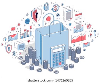 Big Sale concept, Retail, Sellout, Shopping Bag with cash money stacks isolated on white background. Vector 3d isometric business illustration with icons, stats charts and design elements.