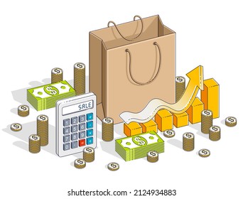 Big Sale concept, Retail, Sellout, Shopping Bag with cash money stacks and calculator isolated on white background. Vector 3d isometric business and finance illustration, thin line design.
