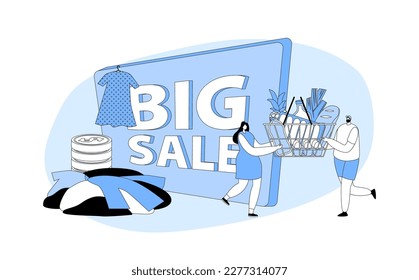 Concepto de venta masiva. Pequeños personajes comprando con descuento estacional. Alegre hombre y mujer comerciante con una enorme canasta