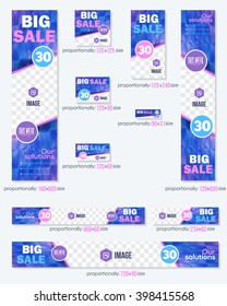 Big Sale Concept Violet Colors Low Poly Abstract Background, Business Standard 10 Sizes Website Banners Template Big Set