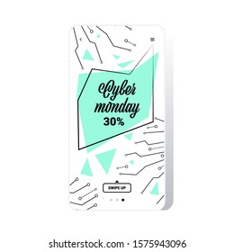big sale cyber monday circuit board sticker special offer promo marketing holiday shopping concept smartphone screen online mobile app advertising campaign banner vector illustration