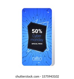 big sale cyber monday circuit board sticker special offer promo marketing holiday shopping concept smartphone screen online mobile app advertising campaign banner vector illustration