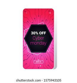 big sale cyber monday circuit board sticker special offer promo marketing holiday shopping concept smartphone screen online mobile app advertising campaign banner vector illustration