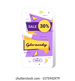 big sale cyber monday sticker special offer promo marketing holiday shopping concept smartphone screen online mobile app advertising campaign banner vector illustration