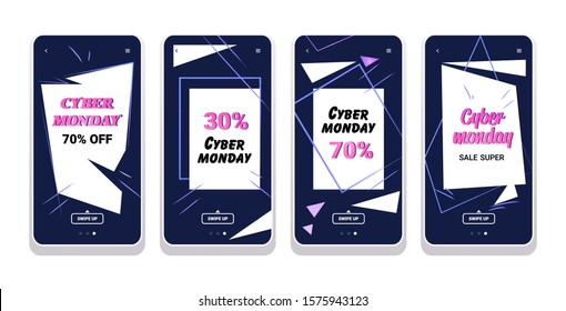 big sale cyber monday stickers collection special offer promo marketing holiday shopping concept smartphone screens set online mobile app advertising campaign banners horizontal vector illustration