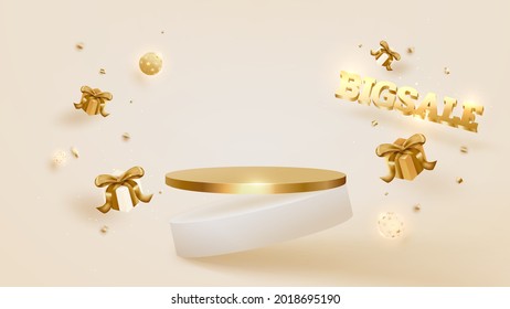 Big sale day background, Podium with gift box and ball luxury, golden ribbon. 3d vector illustration.