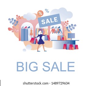Big Sale with Deep Discounts in Women Clothes, Shoes and Accessories Trendy Boutique in Order to Clear. Young Blond Woman Shopper, Carrying Lots Colored Paper Bags with Apparel She Bought.
