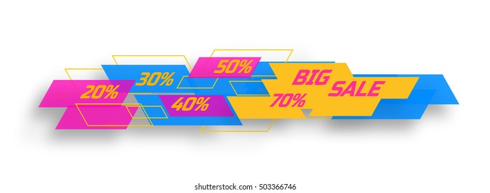 Big sale design concept consists of filled and contoured rectangles.Blue, pink and yellow elements on white background. Design for banner, web. Vector illustration.
